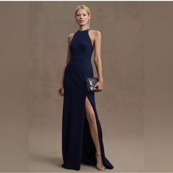 BHLDN Dresses & Skirts - BHLDN Lennox Halter Open-Back Side Slit Stretch Crepe Navy Blue Gown Size 8